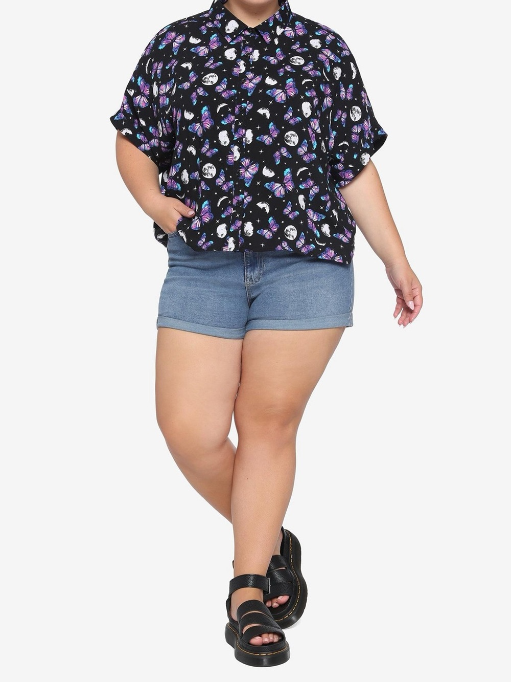 Hot Topic Cosmic Crystal Butterfly Boxy Crop Woven Button-Up Black Purple Blouse